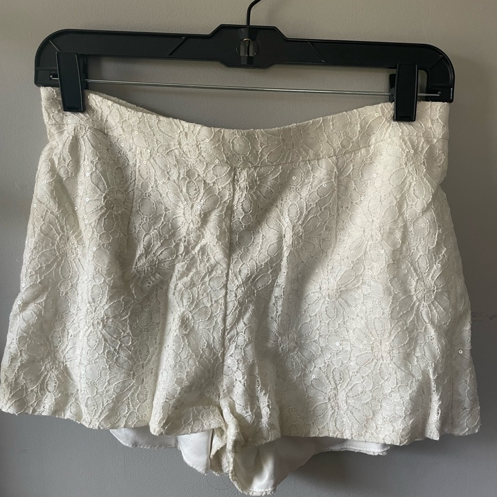 White sequin lace shorts